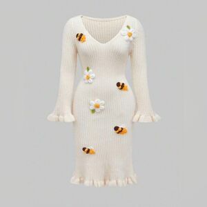 ROMWE Cream Knit Sweater Dress Floral and Bee Dress Plus Size 2xl